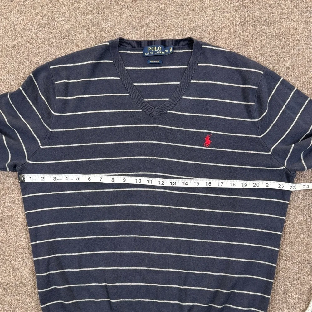 Vintage Y2K Polo Ralph Lauren Navy Striped V-Neck Cotton Sweater Men’s XL Preppy